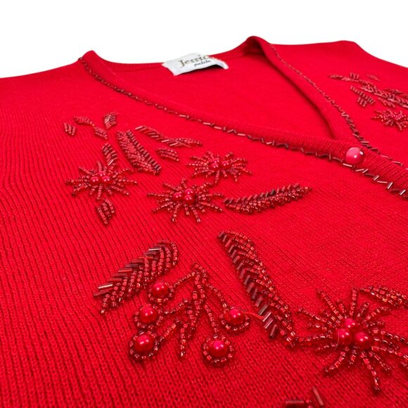 Vintage | M | Jessica | Beaded Knit Vest | Red | Cottagecore | Festive | Holiday - Picture 10 of 16